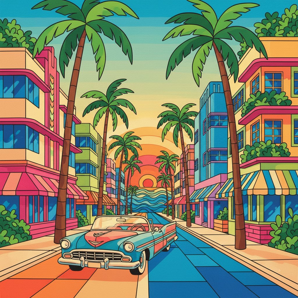 Cruising Tropical Deco Streets Paint By Numbers Kit completed
