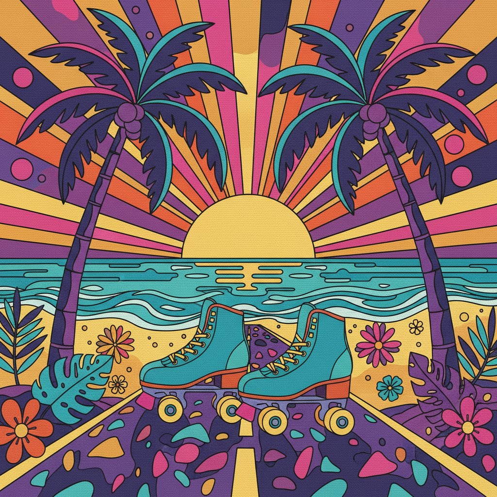 Disco Wheels Tropic Palms Paint By Numbers Kit - Retro Art completed