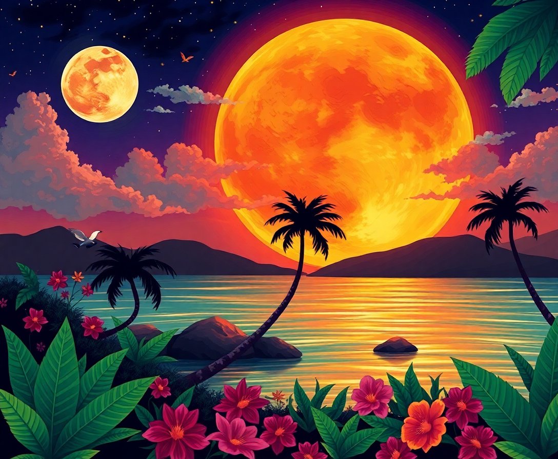 Eclipsing Tropical Harvest Moon Paint By Numbers Kit completed