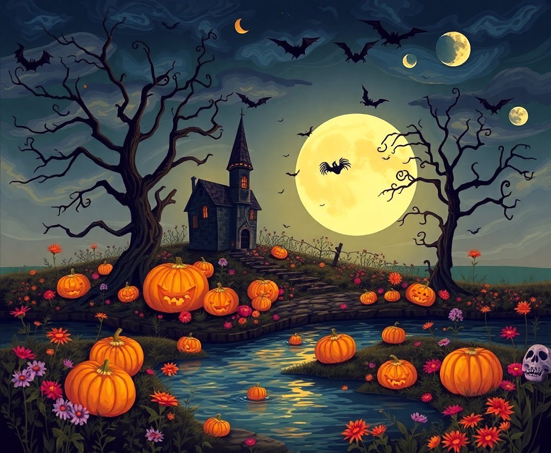 Eerie Island Harvest Paint By Numbers Kit - Halloween Art completed