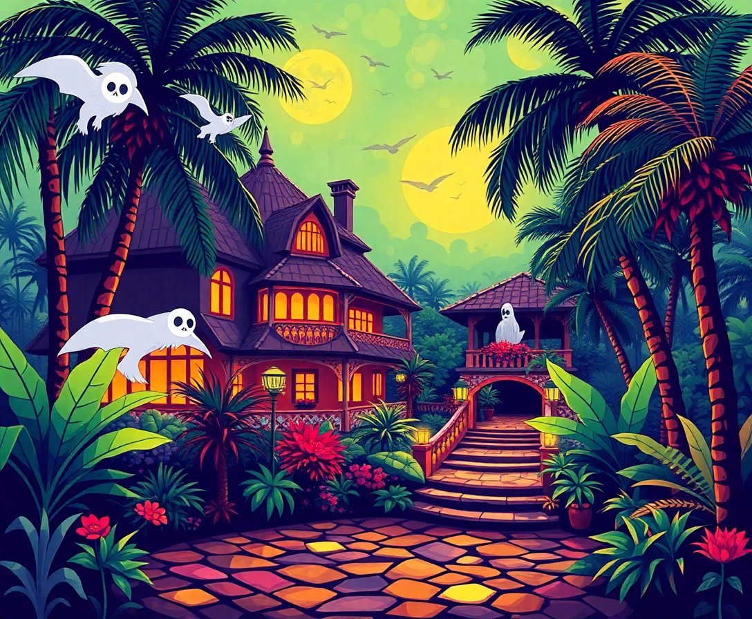 Eerie Tropical Estate Phantoms Paint By Numbers Kit completed