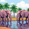 Elephants Drinking Among Palms Paint By Numbers