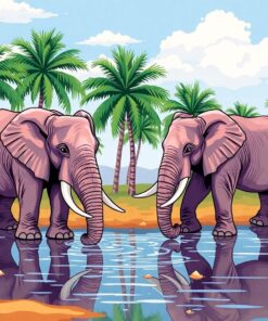 Elephants Drinking Among Palms Paint By Numbers