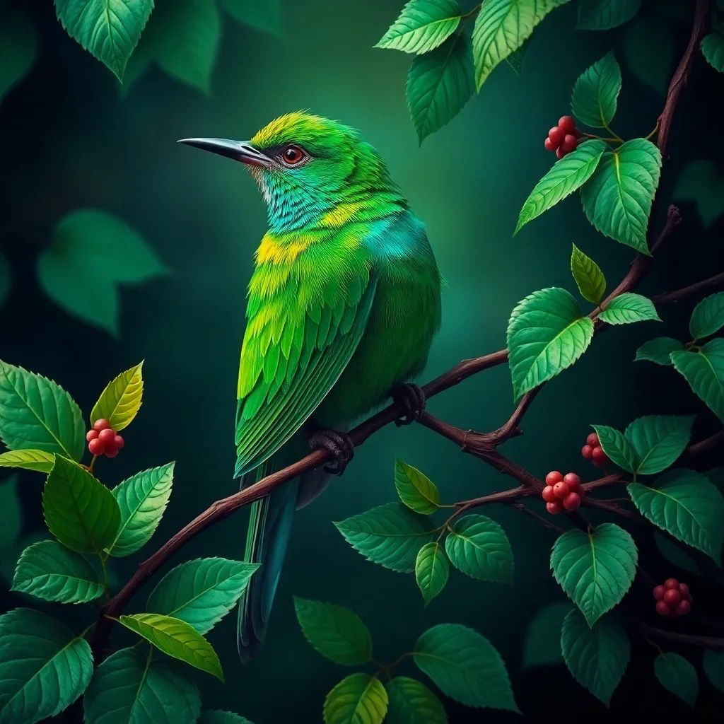 completed artwork display Emerald Bird On Vine paint by numbers