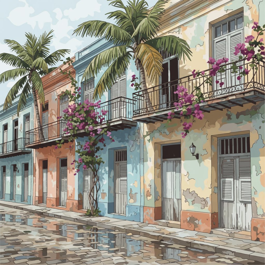 Faded Tropical Street Facade Paint By Numbers Kit completed
