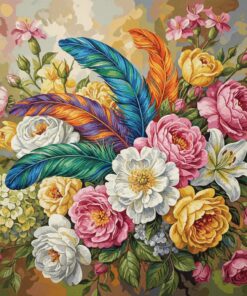 Feathers Amidst Realistic Blooms Paint By Numbers