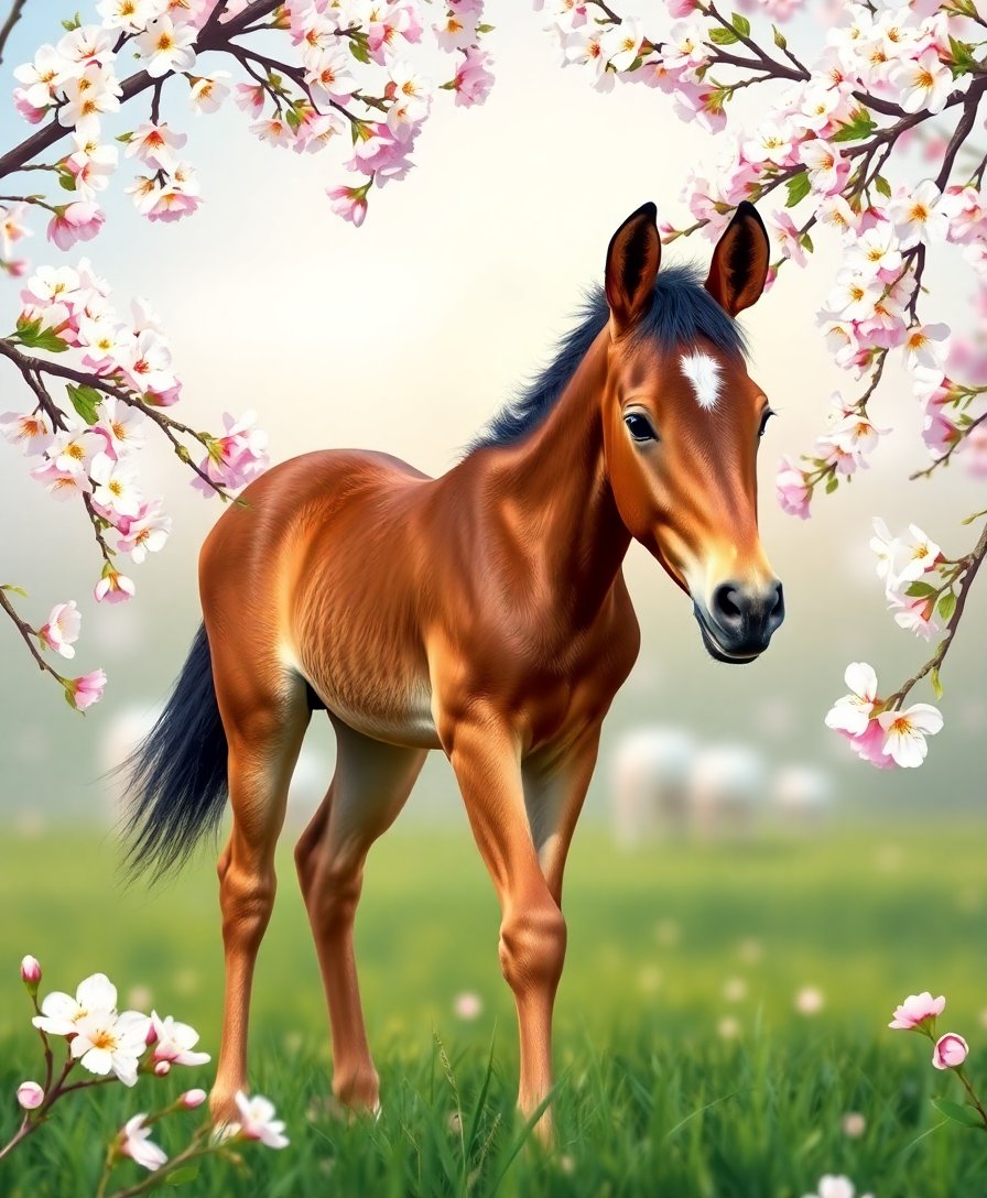 Foal Beneath Realistic Blossoms Paint By Numbers Kit completed