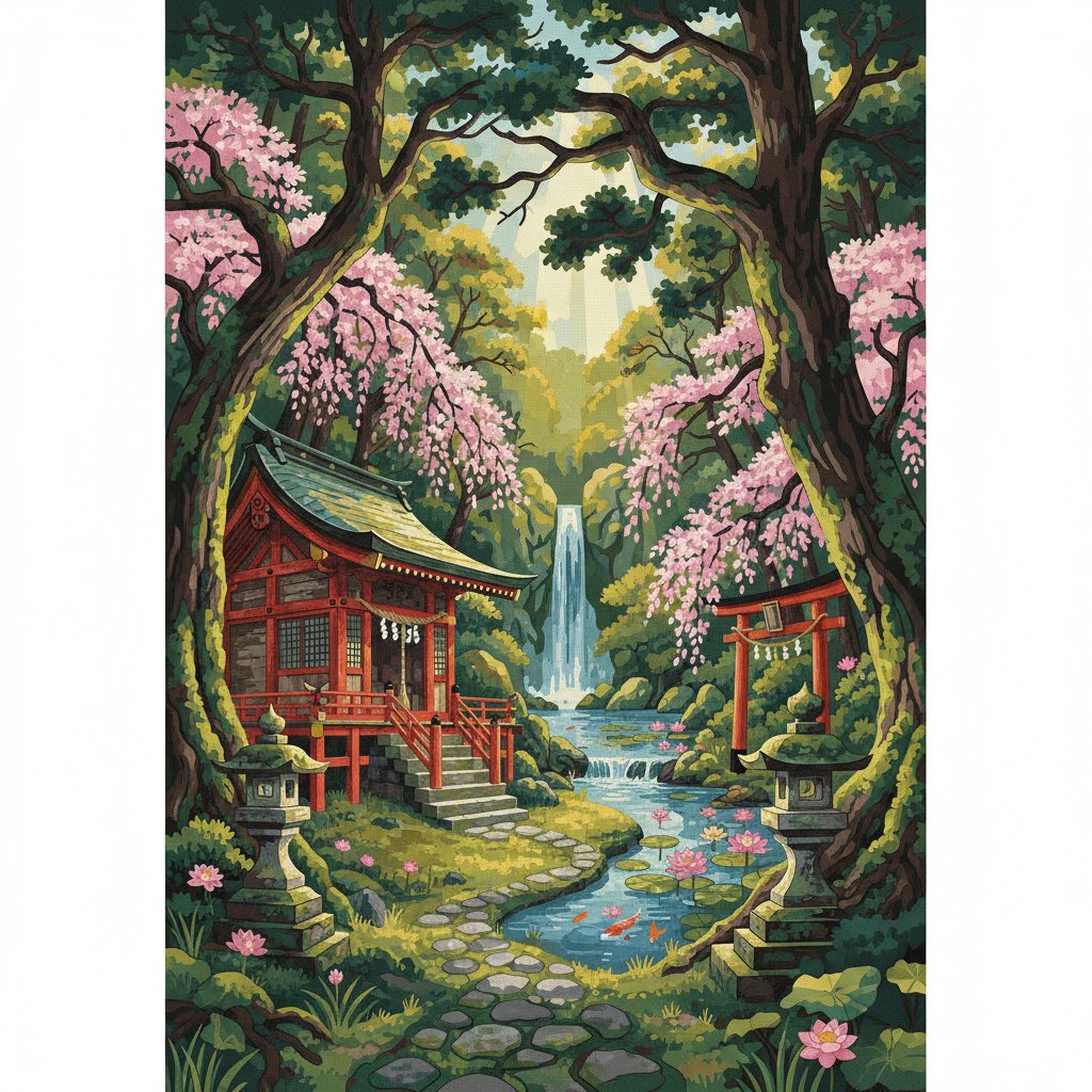 Forgotten Edo Forest Shrine Paint By Numbers Kit completed