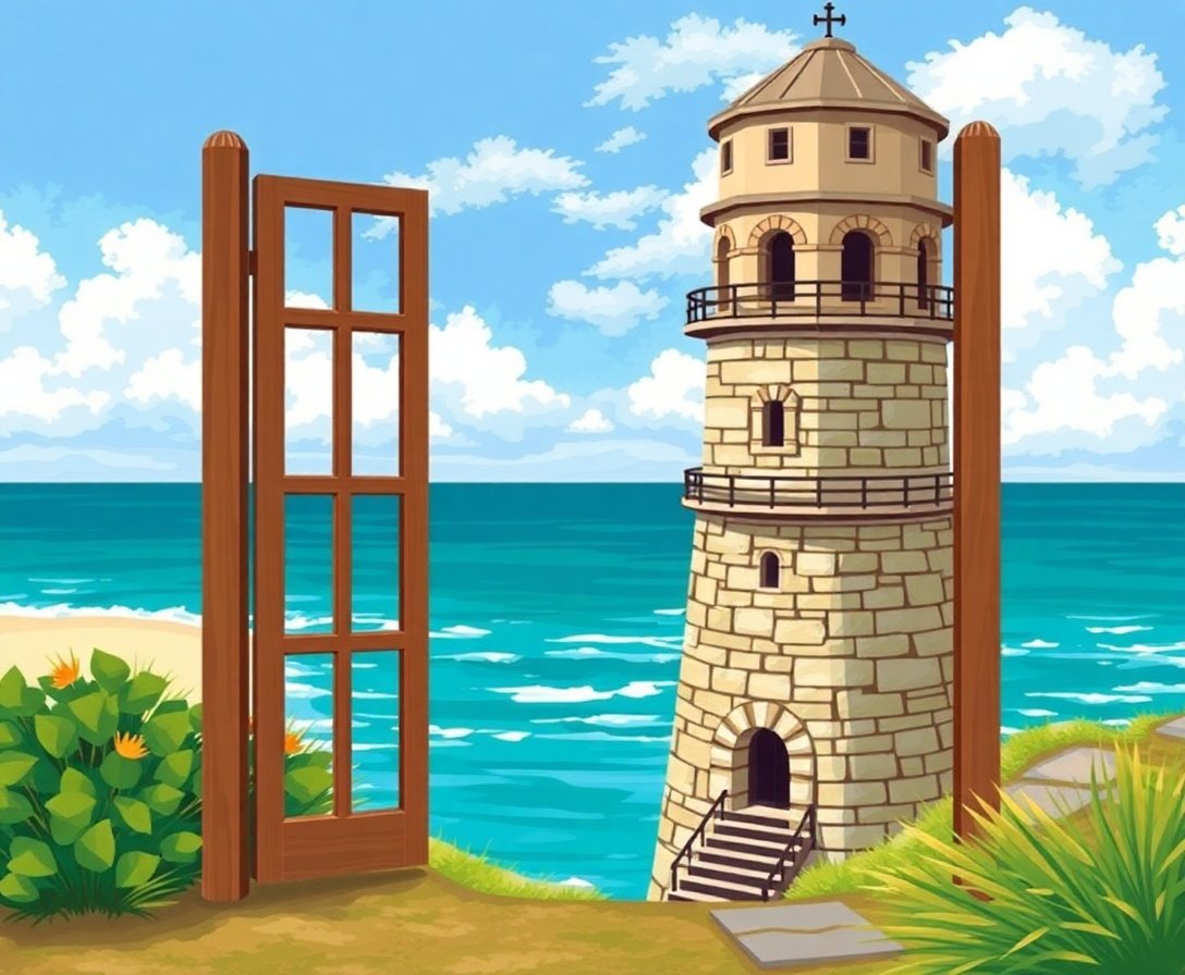 Framed Antique Coastal Tower Paint By Numbers Kit completed