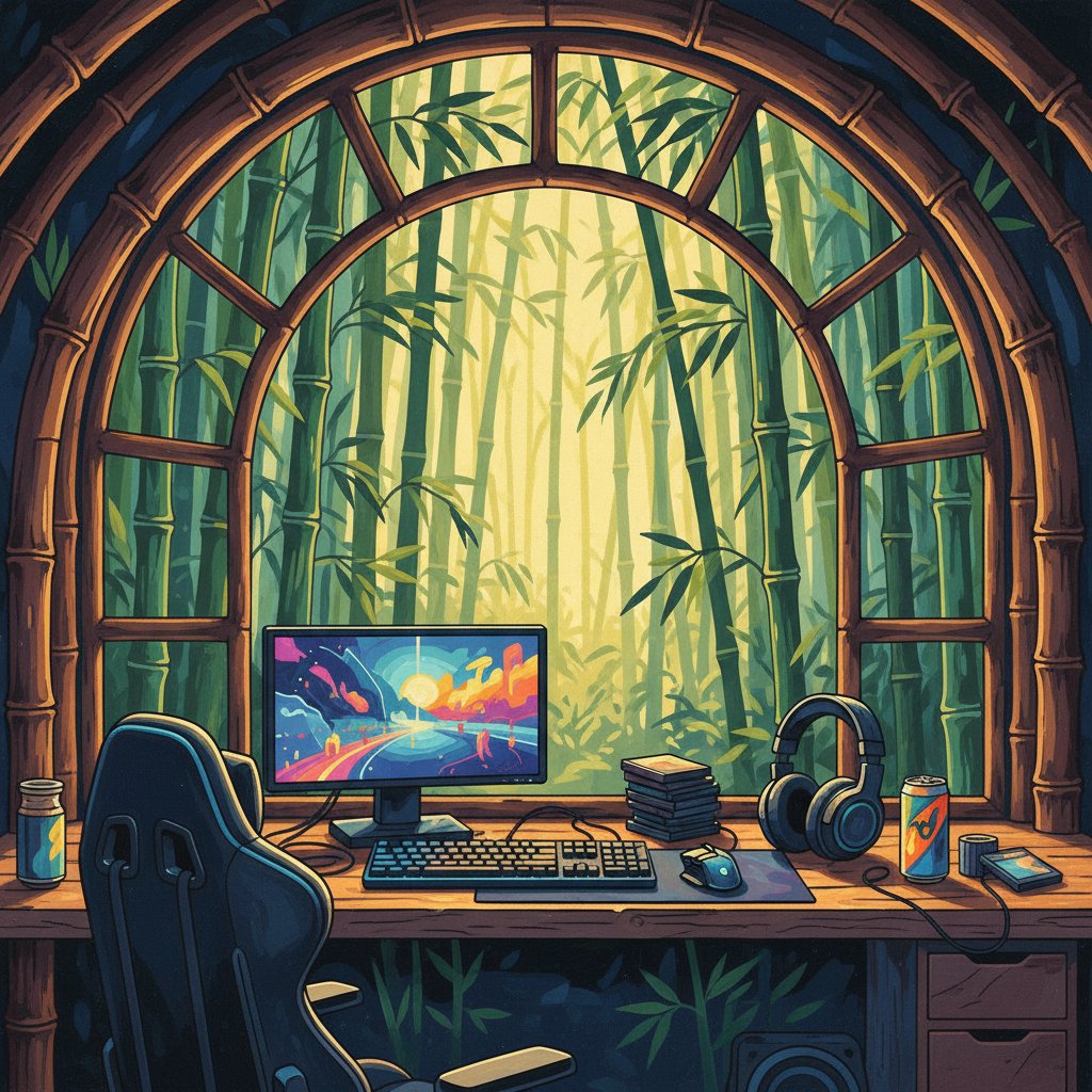Gamer Oasis Bamboo Window Paint By Numbers - Gaming Art Kit completed
