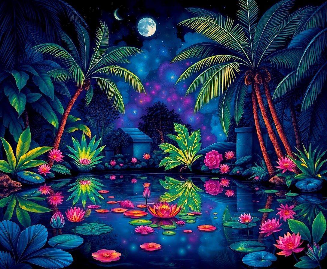 Glowing Tropical Night Pond Paint By Numbers Kit | Luminous Art completed