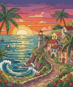 Glowing Vintage Coastal Village Paint By Numbers