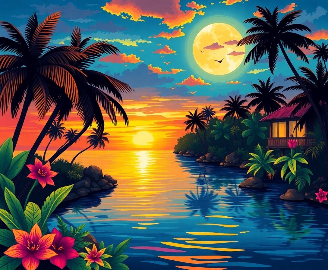 Golden Flame Tropical Dusk Paint By Numbers Kit completed