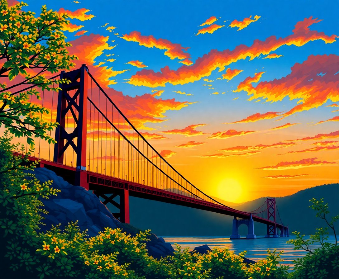 Golden Suspension Bridge Sunset Paint By Numbers Kit completed