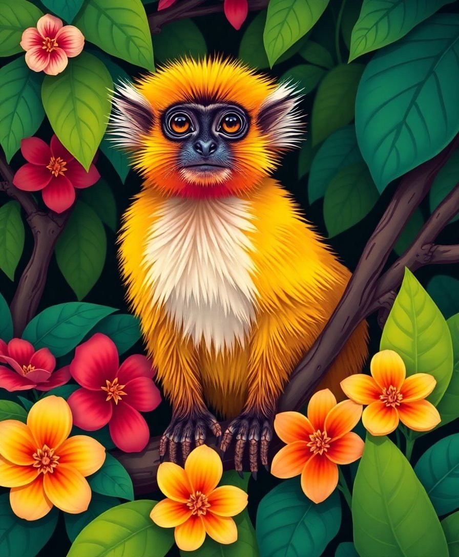 Golden Tamarin Tropical Flora Paint By Numbers Kit completed