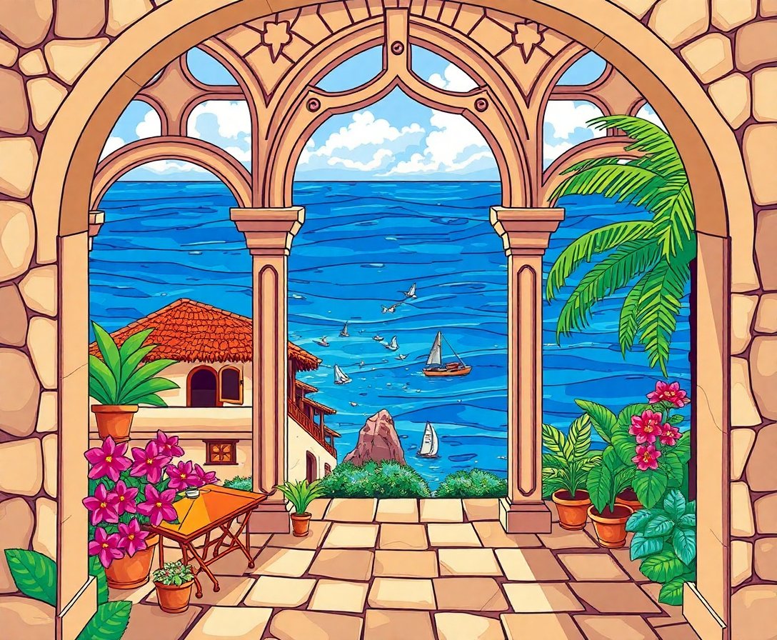 gothic-arch-tropical-bay-paint-by-numbers-kit-ocean-view