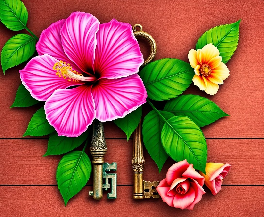 Hibiscus On Vintage Keys Paint By Numbers Kit - Antique Art completed