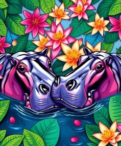 Hippos Beneath Tropical Lilies Paint By Numbers