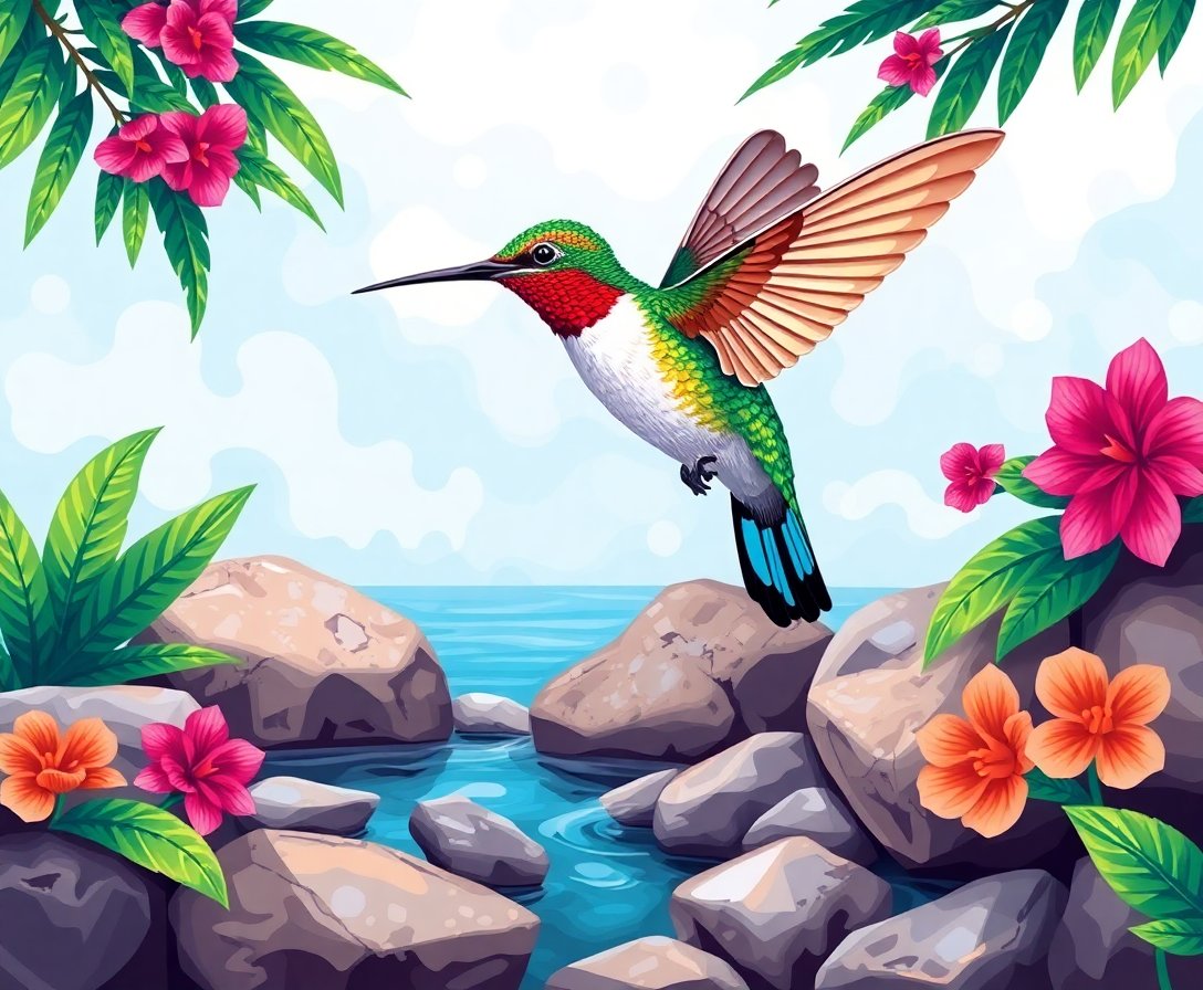 Hummingbird Over Tropical Stones Paint By Numbers Kit completed