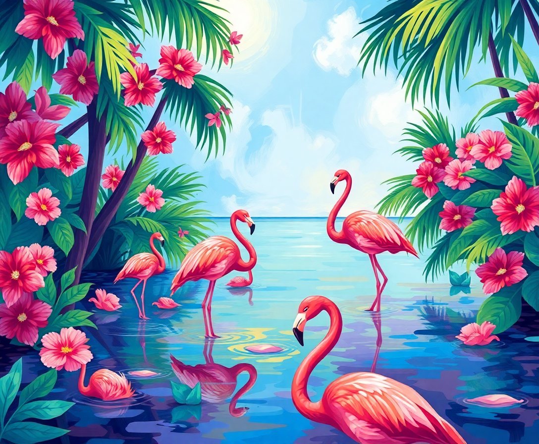 Impressionist Tropical Flamingo Lagoon Paint By Numbers Kit completed