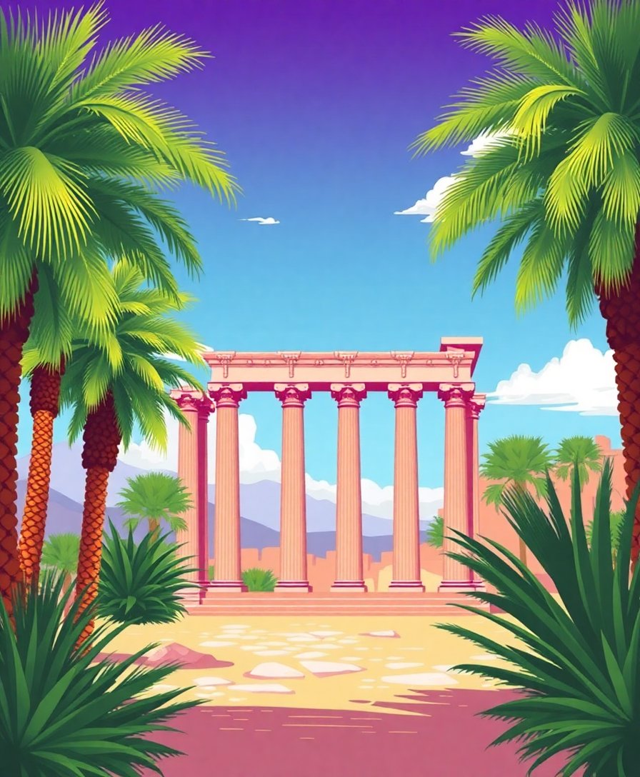 Ionic Pillars Amidst Palms Paint By Numbers Kit completed