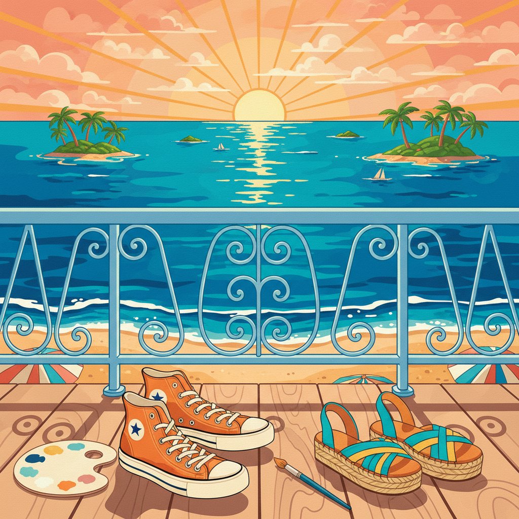 Island Balcony Retro Shoes Paint By Numbers Kit - Ocean View completed