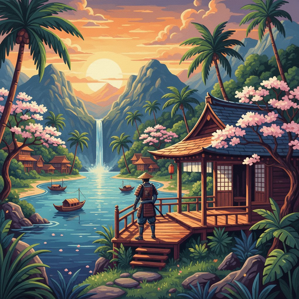 Island Samurai Vintage Retreat Paint By Numbers Kit completed