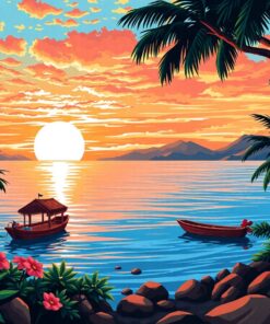 Island Sunrise Woodblock Art Paint By Numbers