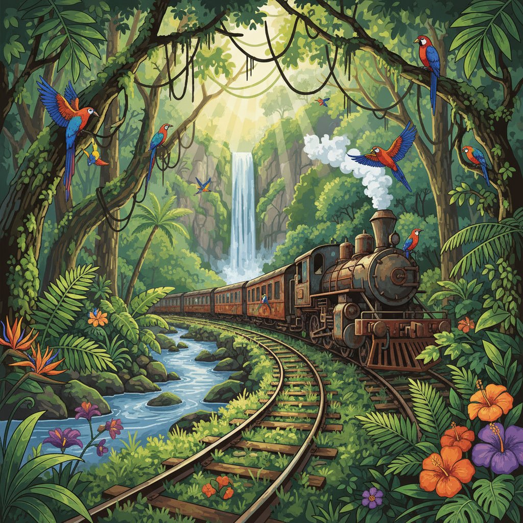Lost Rainforest Train Route Paint By Numbers Kit completed