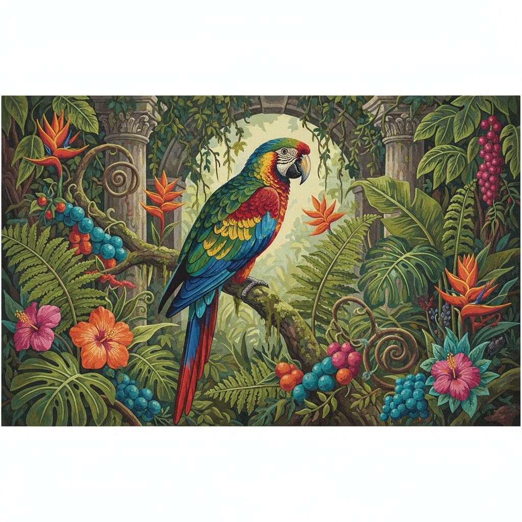 Lush Antique Parrot Botany Paint By Numbers - Vintage Art completed