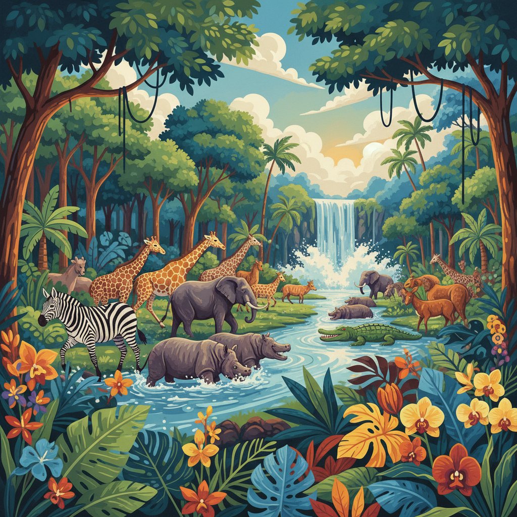 Lush Equatorial Stampede Paint By Numbers Kit | Tropical Art completed