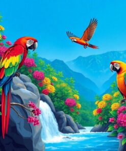 Macaws Above Impressionist Cascades Paint By Numbers