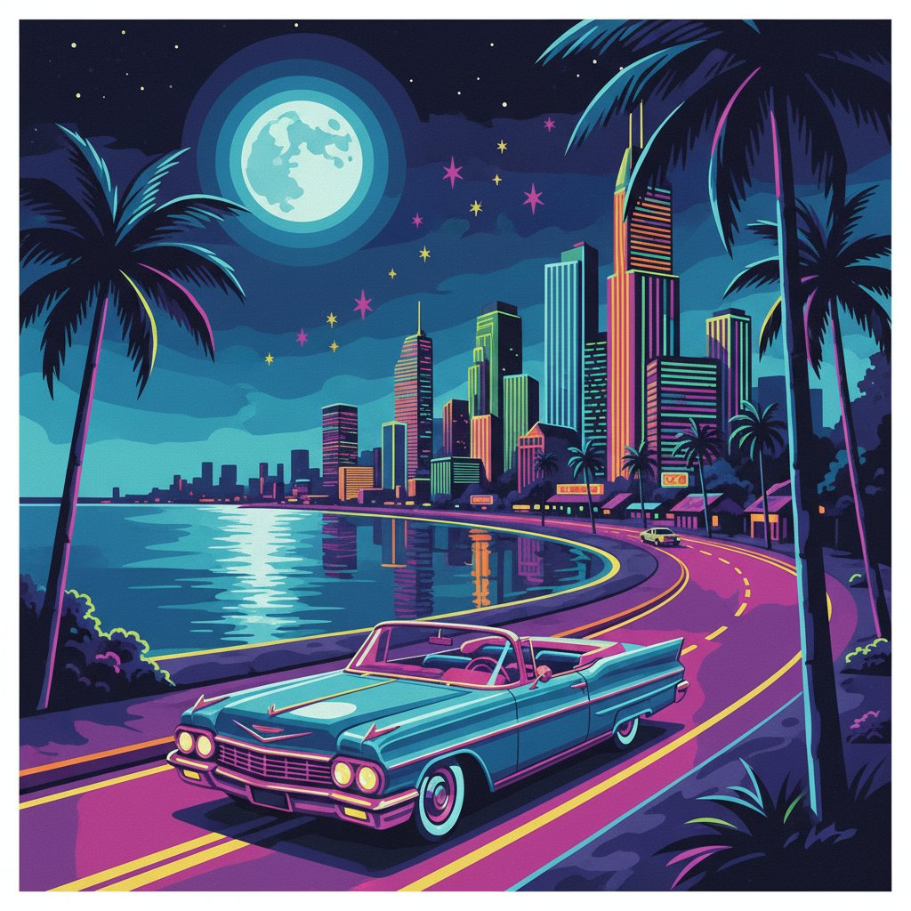 Midnight Vintage Bay Drive Paint By Numbers Kit - Neon Classic completed