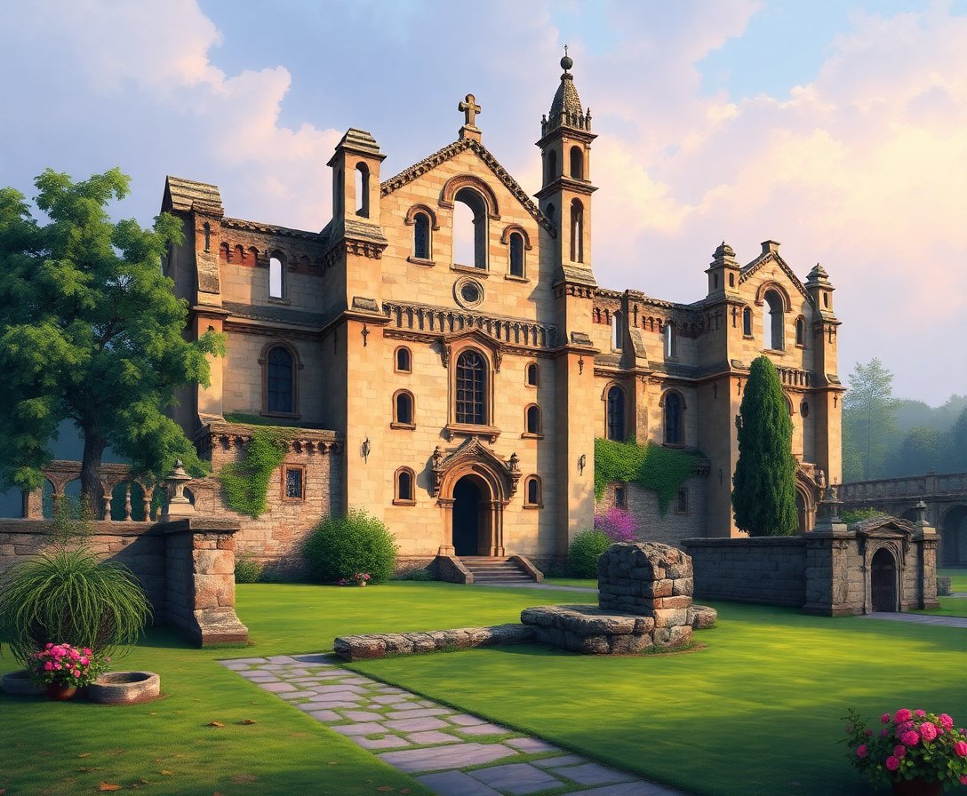 Misty Colonial Cathedral Ruins Paint By Numbers Kit completed