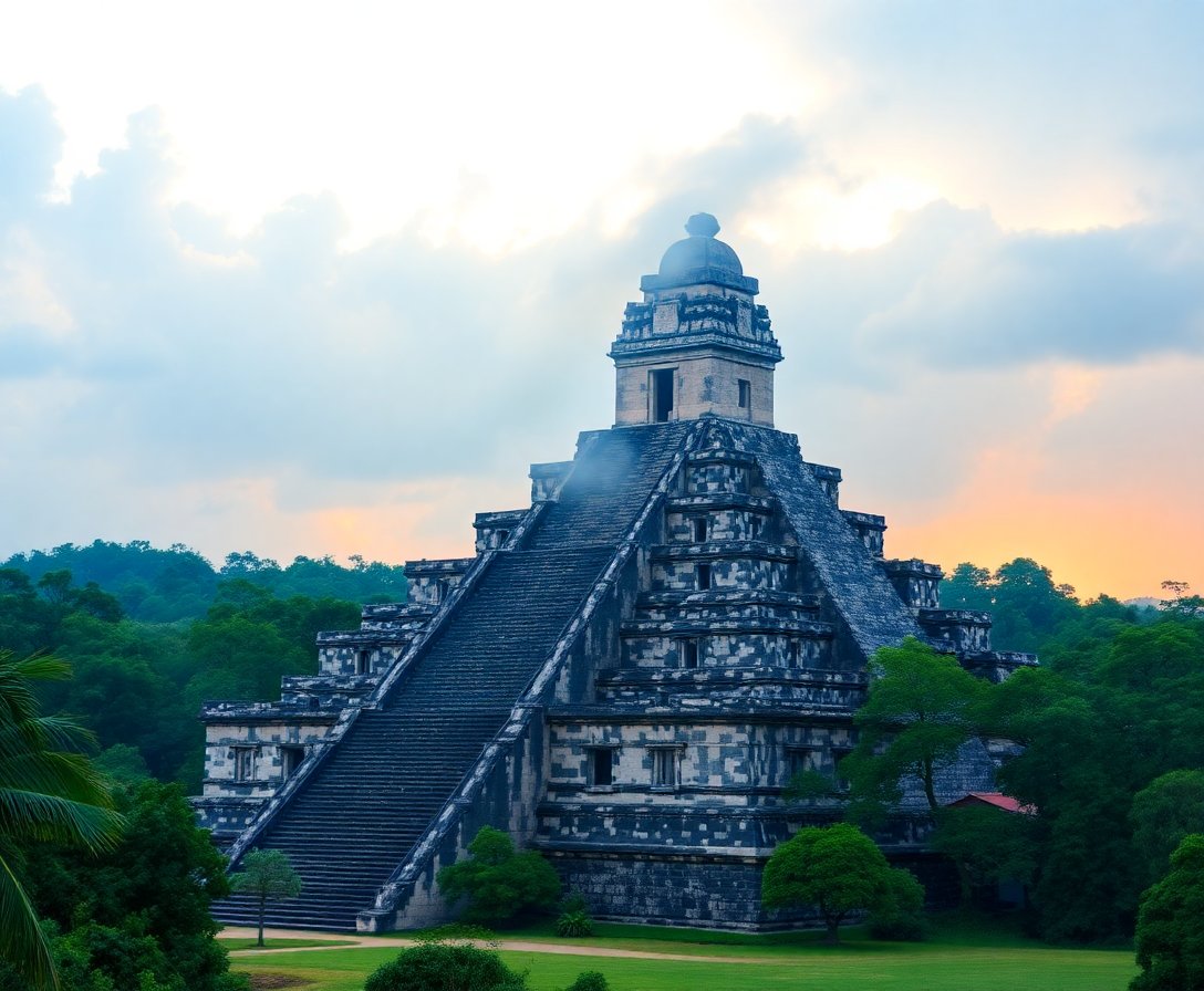 Misty Tikal Temple Dawn Paint By Numbers - Cultural Art Kit completed