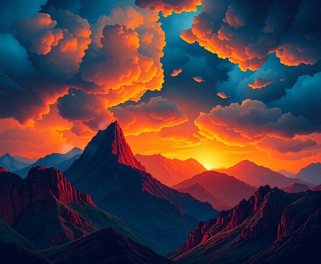 Monsoon Over Magma Peaks Paint By Numbers Kit - Epic Storm Art completed