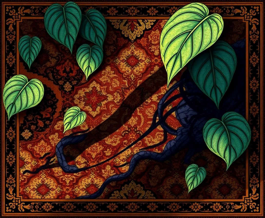 Monstera Shadows Antique Rug Paint By Numbers Kit completed