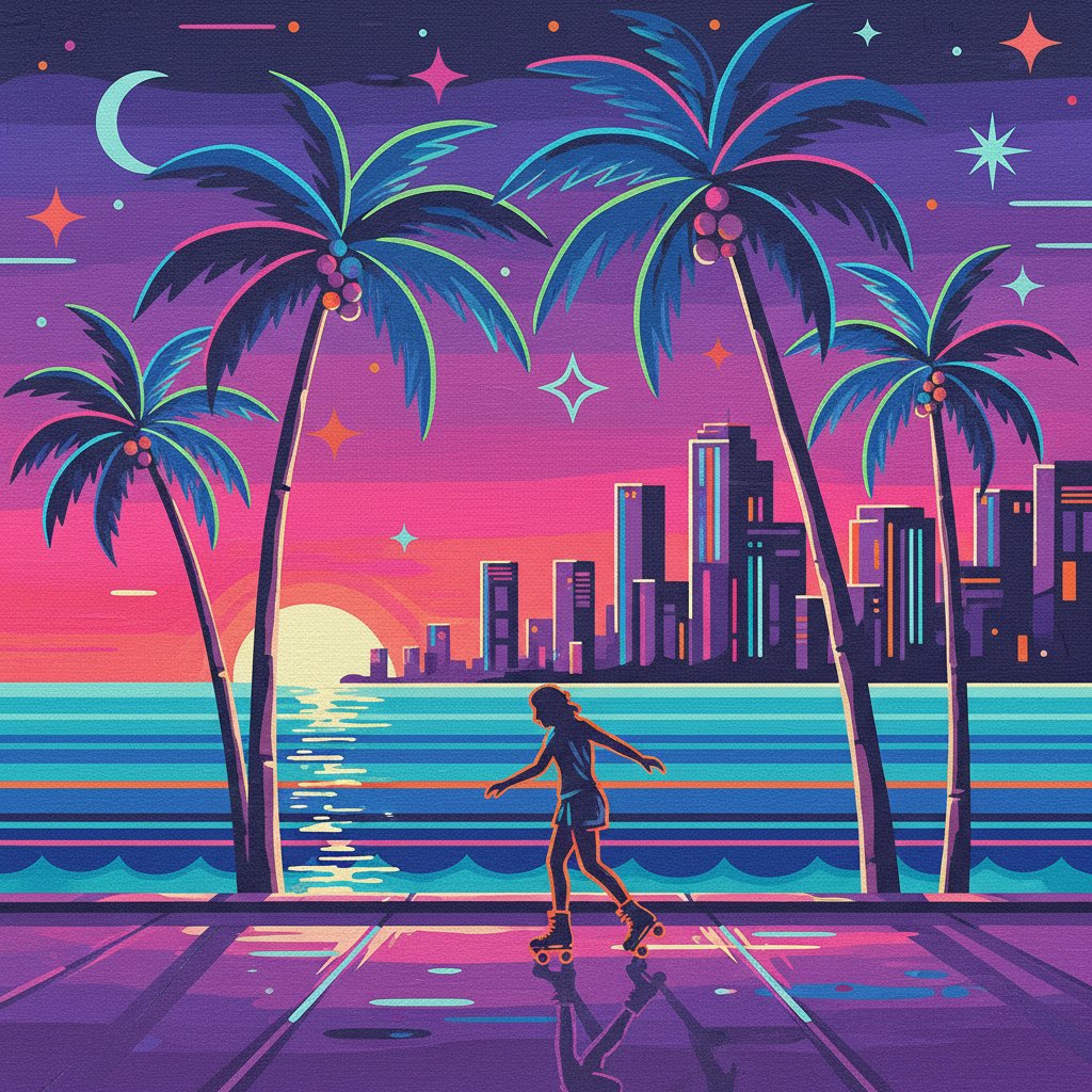 Neon Palms Seaside Skating Paint By Numbers Kit - Retro completed