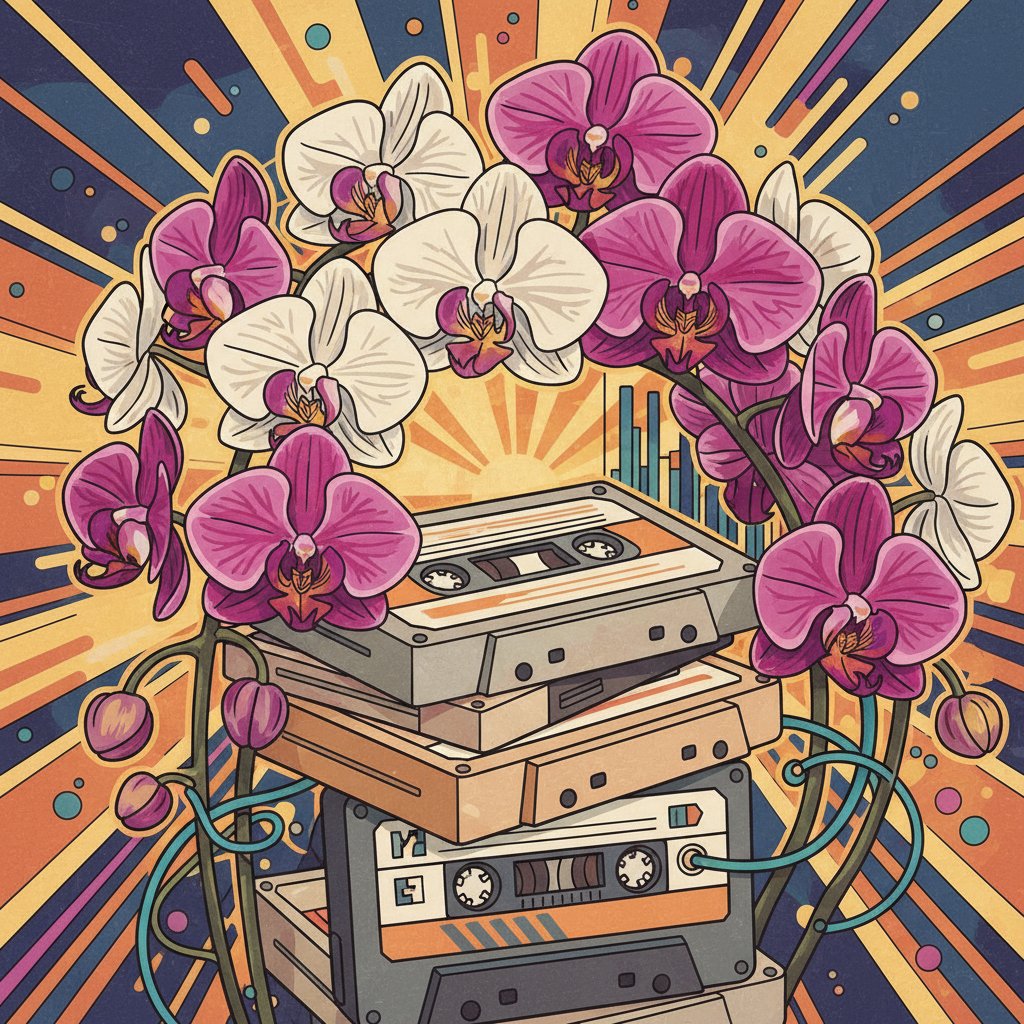 Orchids Over Vintage Tapes Paint By Numbers Kit - Retro Art completed