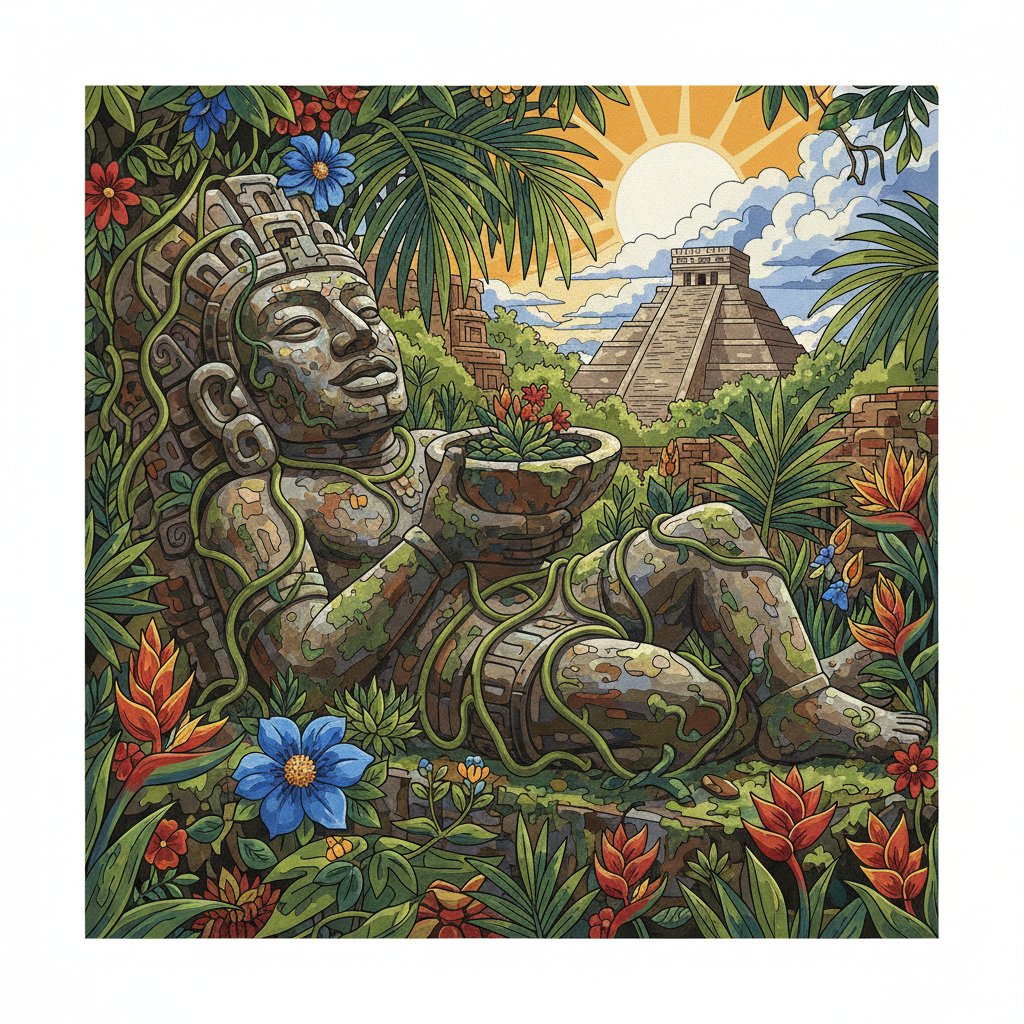 Overgrown Chac Mool Relic Paint By Numbers - Ancient Stone Art completed