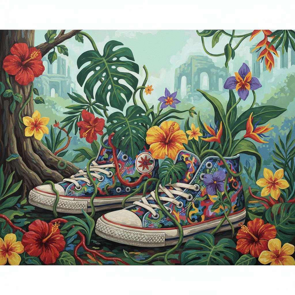 Overgrown Retro High Tops Paint By Numbers - Vintage Art Kit completed