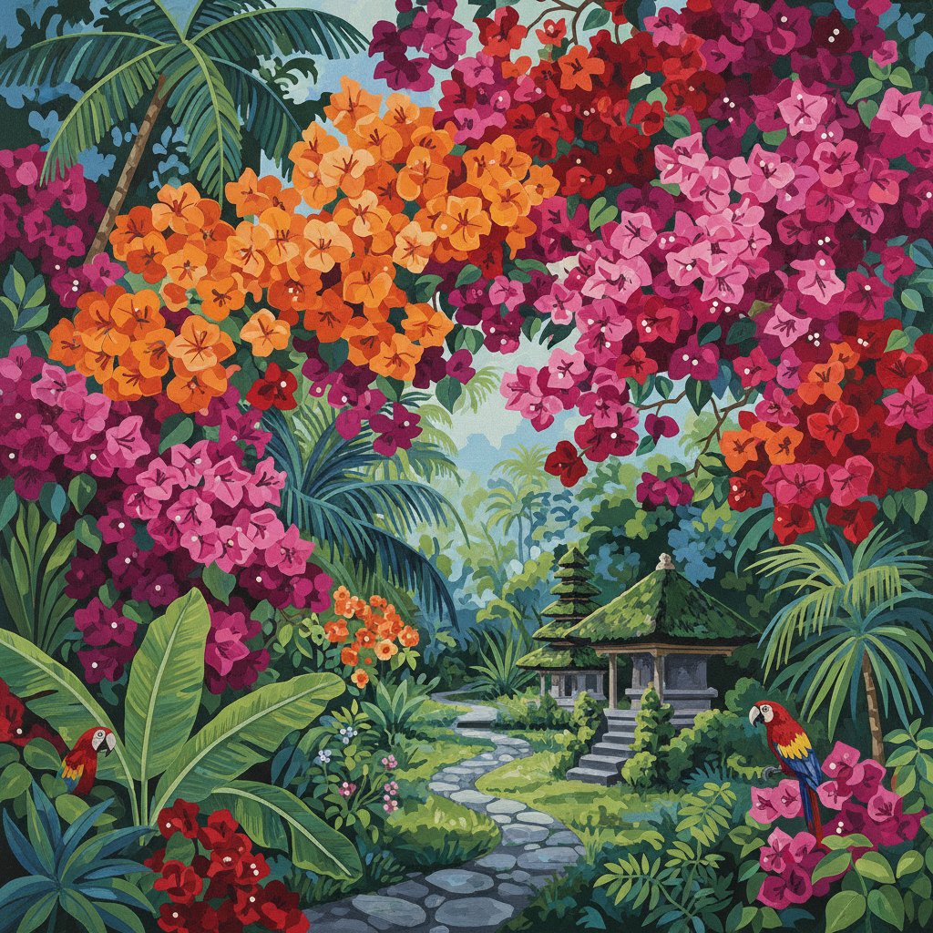 Overgrown Tropical Bougainvillea Paint By Numbers Kit completed