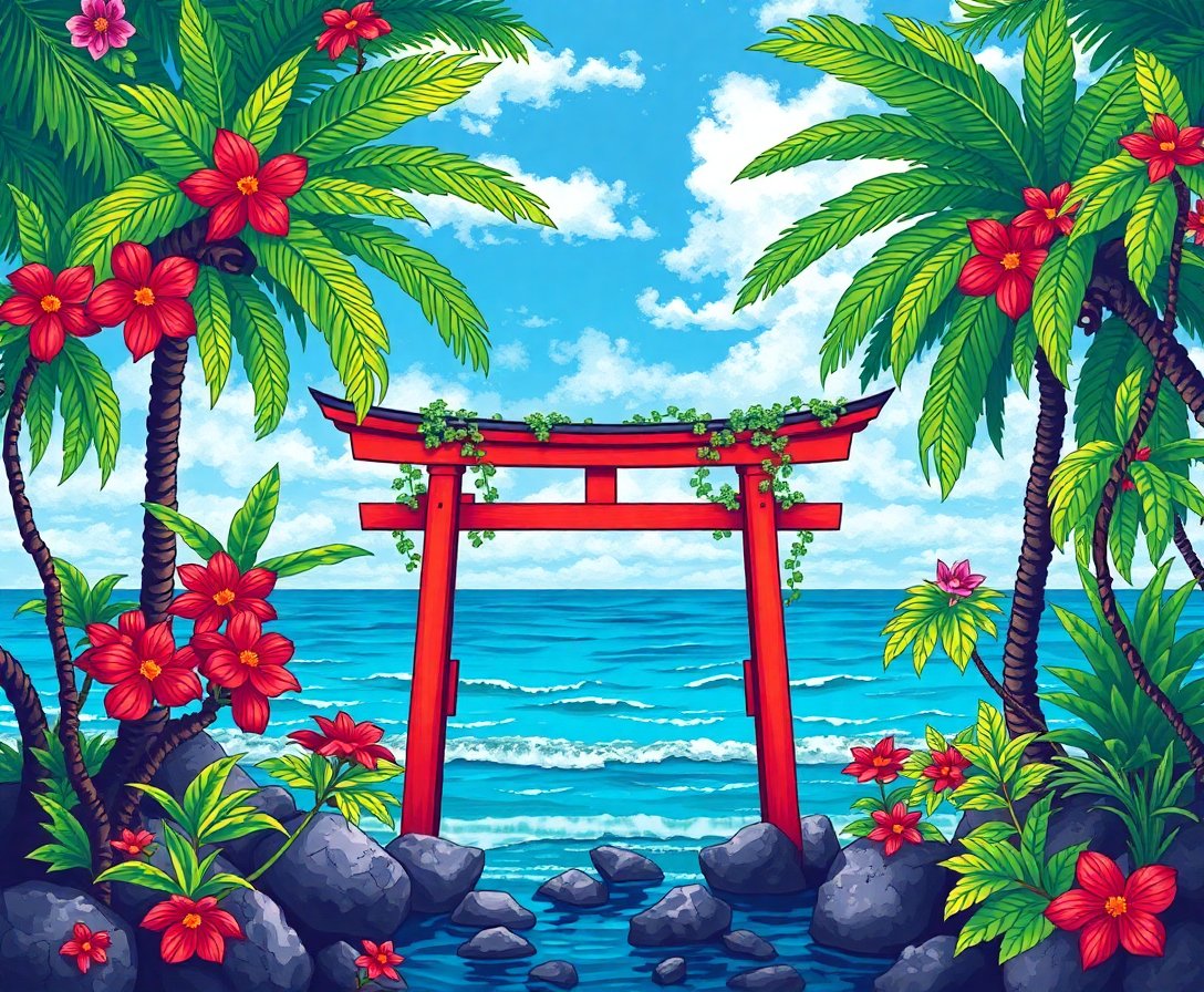 Overgrown Tropical Ocean Torii Paint By Numbers Kit completed