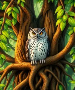 Owl Amidst Banyan Roots paint by numbers