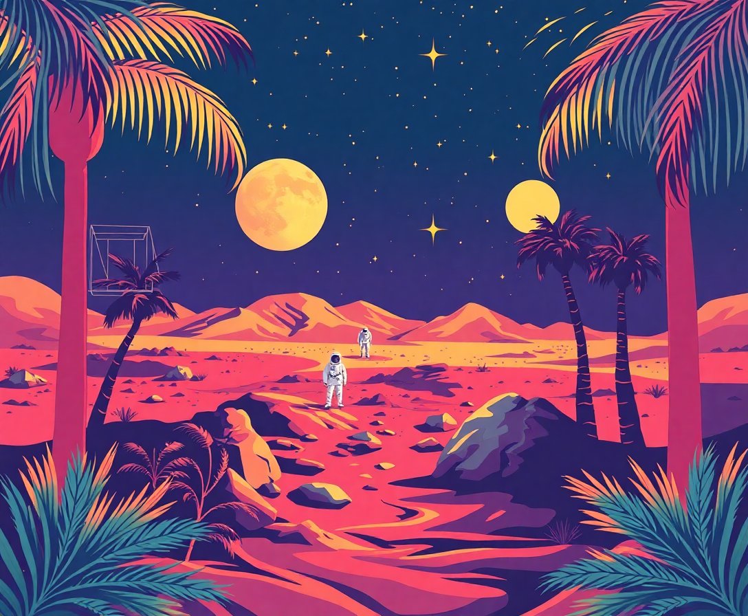 Palms Frame Apollo Landing Paint By Numbers Kit - Retro Art completed