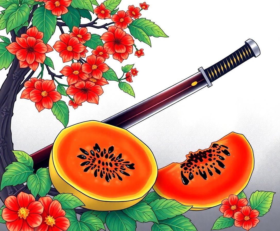 Papaya Beside Samurai Blade Paint By Numbers Kit - Cultural Art completed