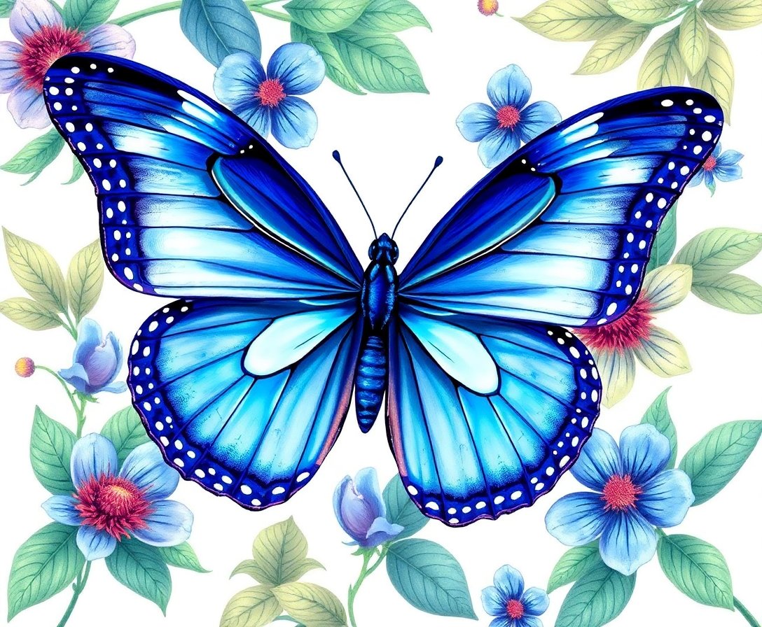 Realistic Botanical Blue Butterfly Paint By Numbers Kit completed