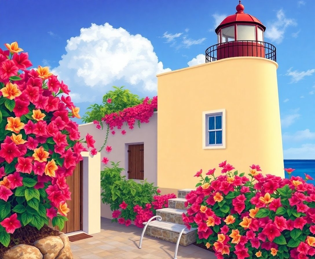 Realistic Bougainvillea Lighthouse Walls Paint By Numbers completed