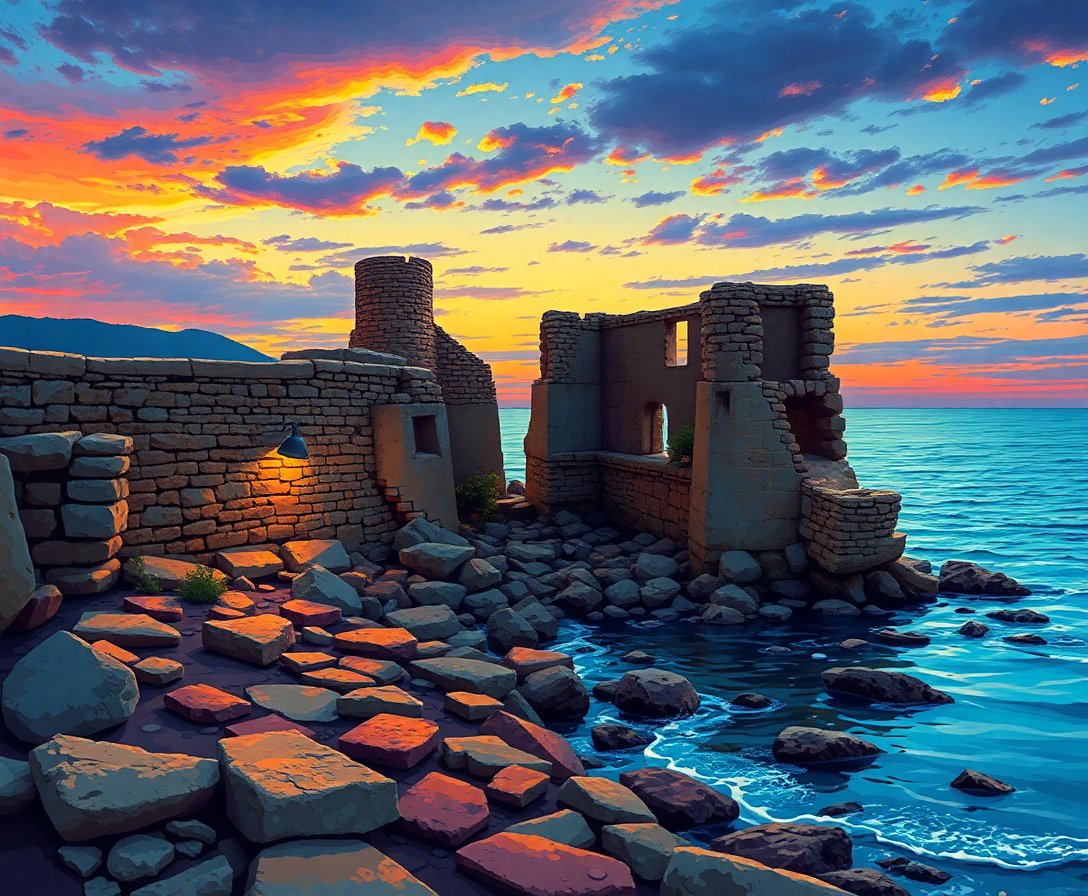 Realistic Coastal Ruins Dusk Paint By Numbers Kit completed