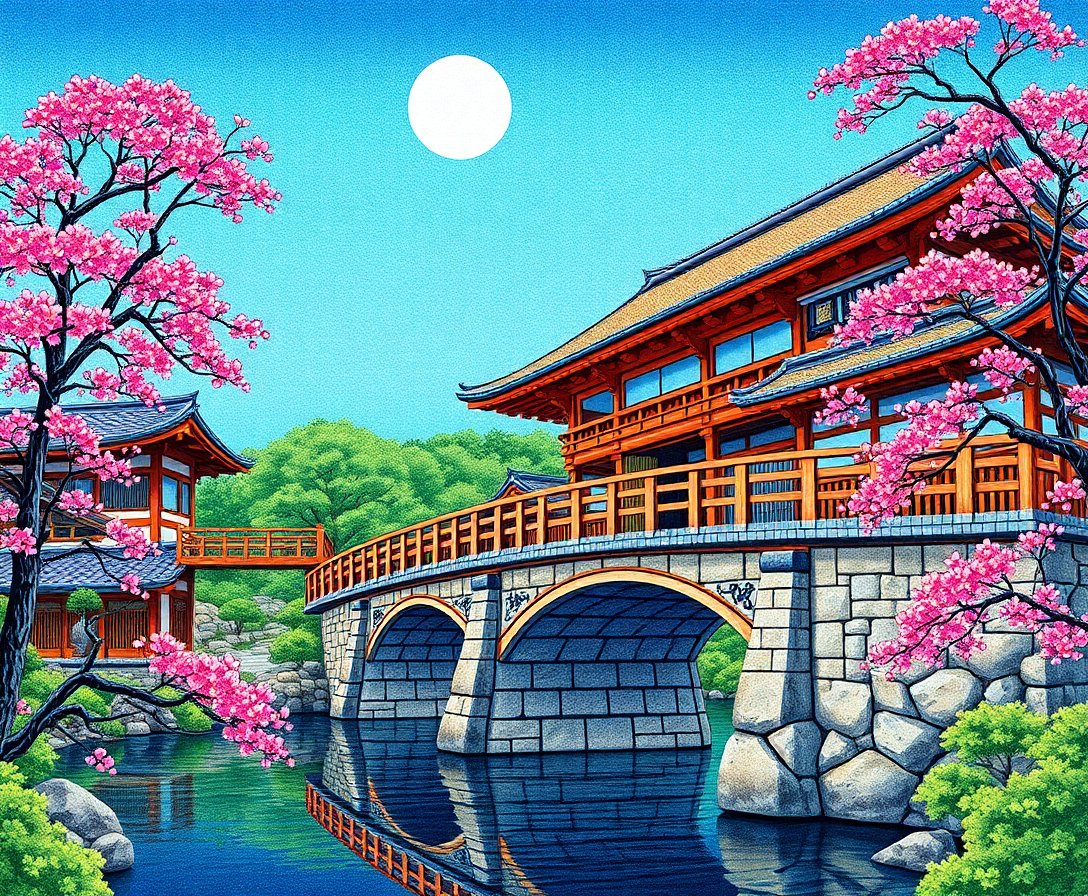 Realistic Edo Woodblock Bridge Paint By Numbers Kit completed